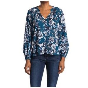 Parker Peplum Blouse Size S Long Sleeve Top Button Front Floral Blue NEW Tag B60